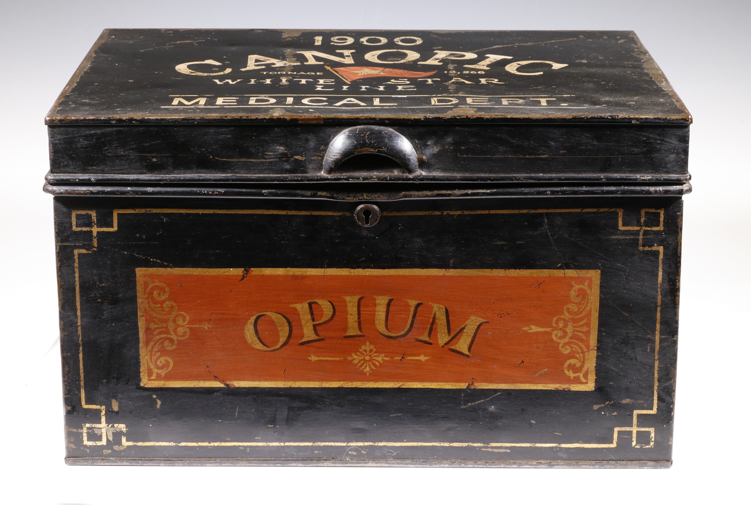 Appraisal: SHIP'S MEDICAL SAFE 'CANOPIC' MARKED 'OPIUM' Heavy Tin Box in