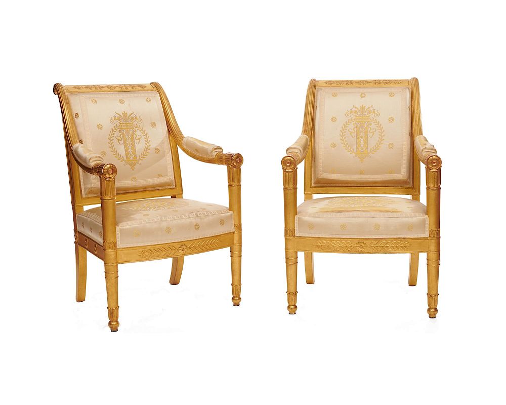 Appraisal: Fine Pair of Empire Carved Giltwood Fauteuil early th century