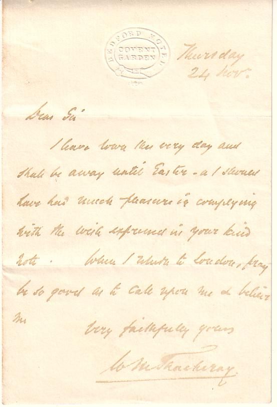 Appraisal: THACKERAY WILLIAM Autograph Letter Signed to an unnamed recipient declining