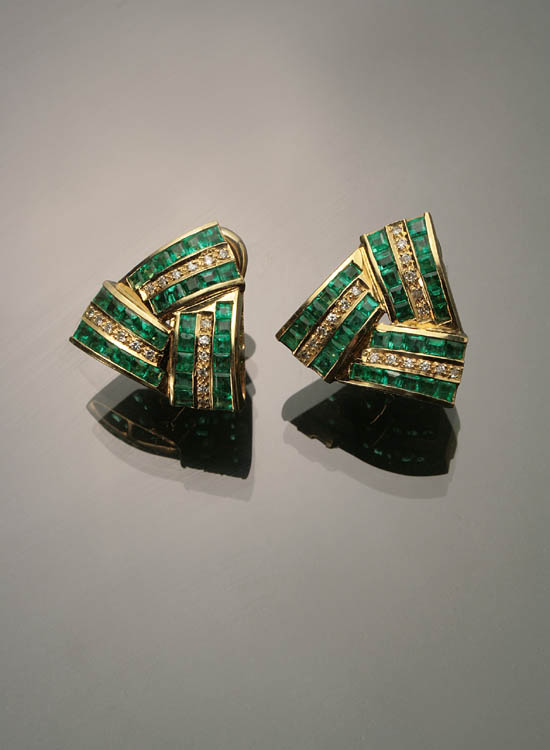 Appraisal: Pair of French -Karat Yellow-Gold Emerald and Diamond Ear Clips