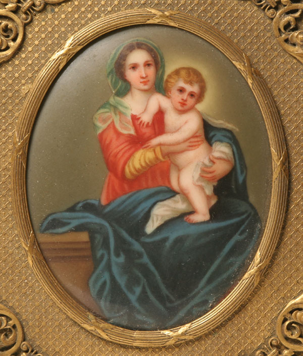 Appraisal: Madonna and child miniature iconic painting on porcelain 'Firenze' stamp