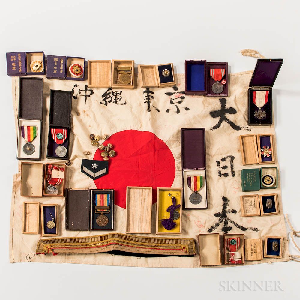 Appraisal: Group of Japanese WWII Medals and Flag Group of Japanese