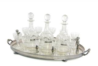 Appraisal: A SILVER-PLATE AND CUT GLASS BAR SET th Century Comprising