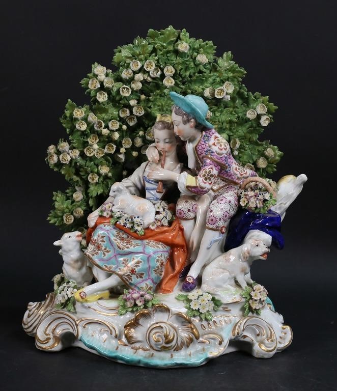 Appraisal: Large Chelsea porcelain figure group couple with sheep and dog