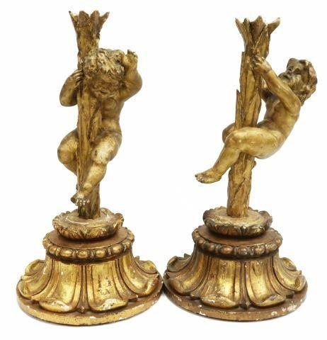 Appraisal: pair Continental giltwood architectural elements th c carved putti figures