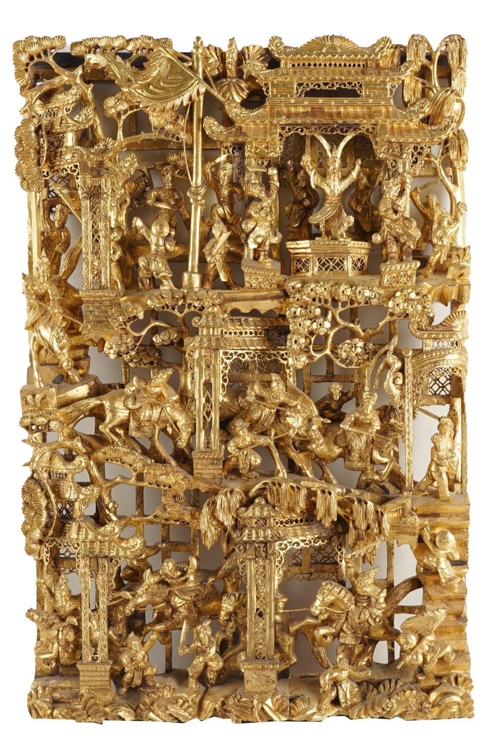 Appraisal: CHINESE GILTWOOD PANELdepicting a battle scene x inches Condition