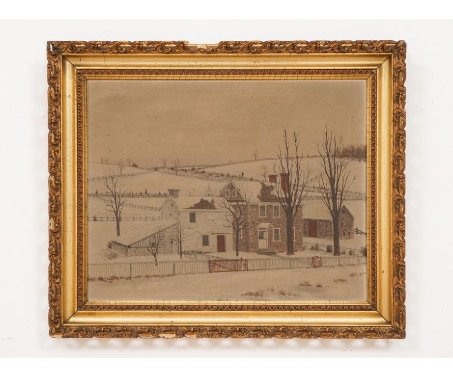 Appraisal: Folk Art oil on board winter landsape with stone house