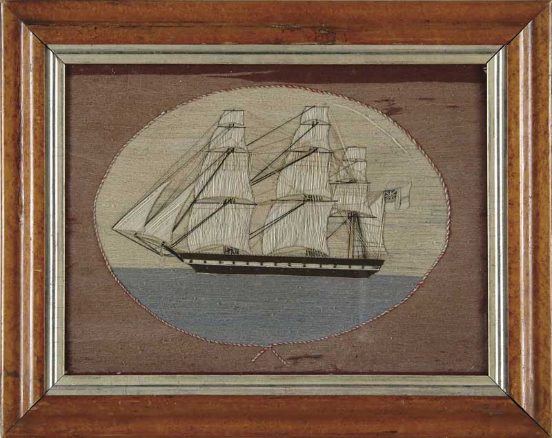 Appraisal: NEEDLEWORK WOOL WORK PORTRAIT OF A BRITISH SAILING VESSEL Fully