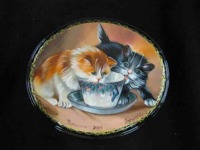 Appraisal: Russian Lacquerware Box kittens with cup saucer '' x ''