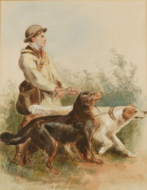 Appraisal: ENGLISH SCHOOL th century A boy with gun dogs watercolour