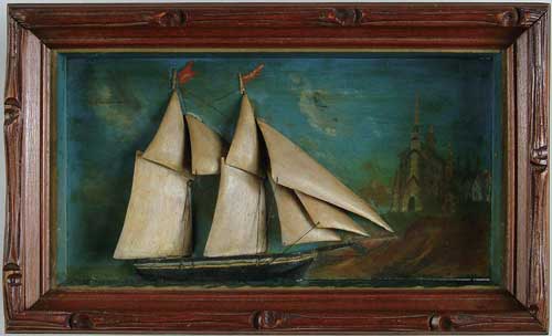 Appraisal: ANTIQUE SHIP DIORAMA Shadowbox frame has two mast black hulled