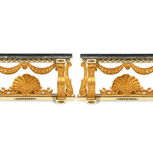 Appraisal: A Pair of Neoclassical Style Giltwood Marble-Top Console Tables th