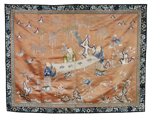 Appraisal: A Chinese silk embroidered panel Featuring three elderly Chinese men