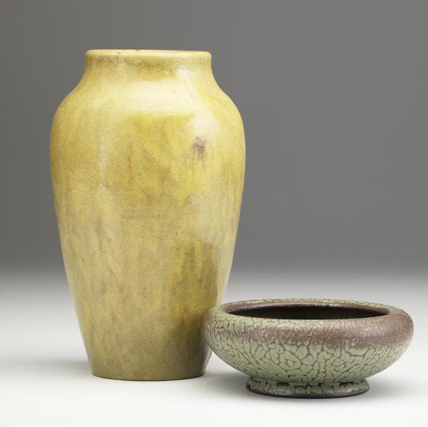 Appraisal: W J WALLEYMustard yellow baluster vase and green low bowlStamp