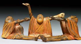 Appraisal: THREE ANTIQUE WOOD OKIMONO Set of three humorous and antique