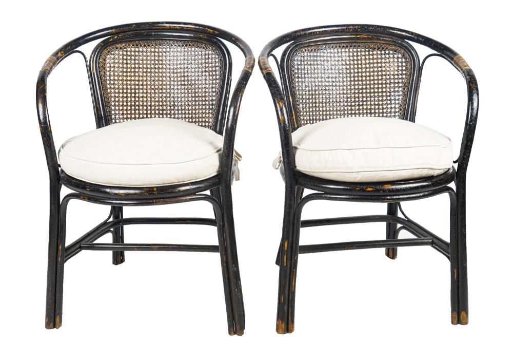 Appraisal: PAIR OF THONET-STYLE EBONIZED RATTAN ARMCHAIRSeach with a woven rattan