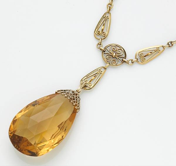 Appraisal: A citrine pendant with chain France the briolette-cut pear-shaped citrine