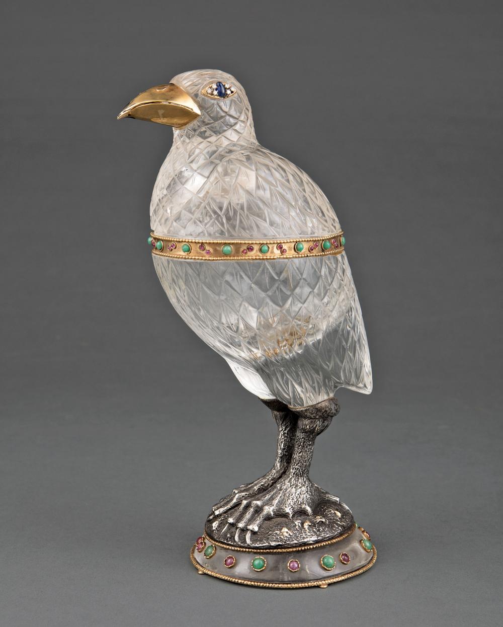 Appraisal: Yellow Gold Silver and Gemset Carved Rock Crystal Bird-Form Cup