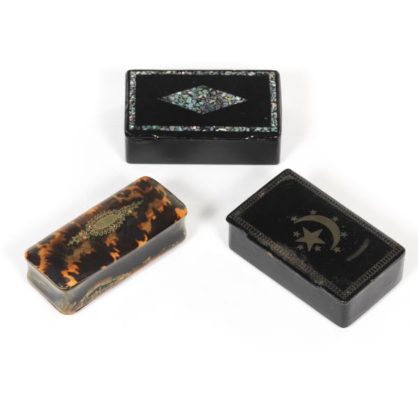 Appraisal: Three Antique Lacquer and Tortoiseshell Tabati res ca th Century