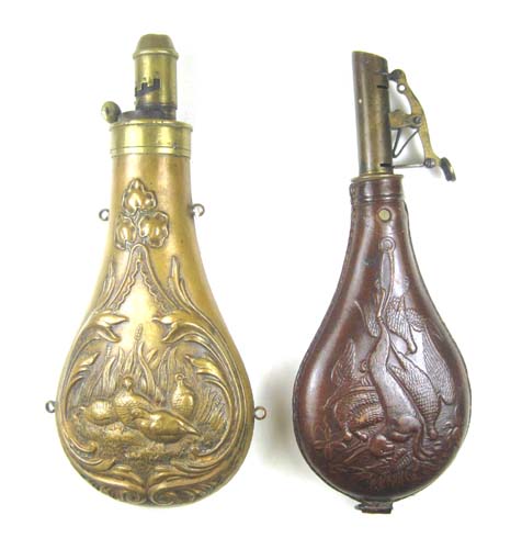 Appraisal: TWO SHOOTING FLASKS un marked single sided brass flask having