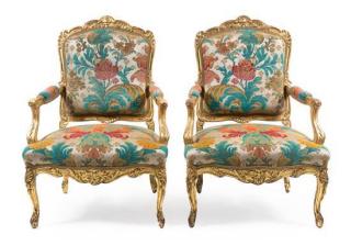 Appraisal: A Pair of Louis XV Style Giltwood Fauteuils th century