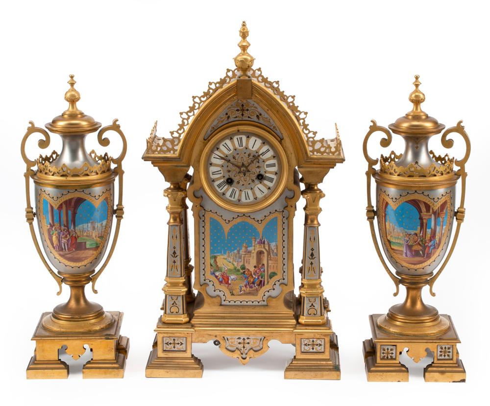 Appraisal: French Renaissance Revival Bronze-Mounted Porcelain Three-Piece Clock Garniture th c