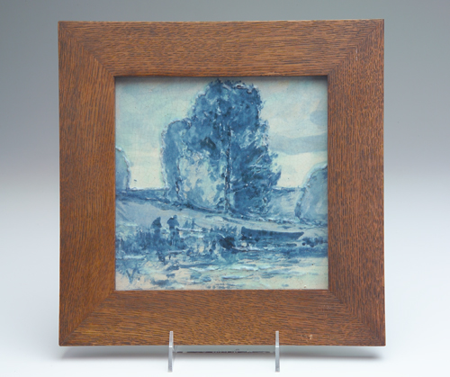 Appraisal: VOLKMAR Tile painted in the Delft style with fishermen in