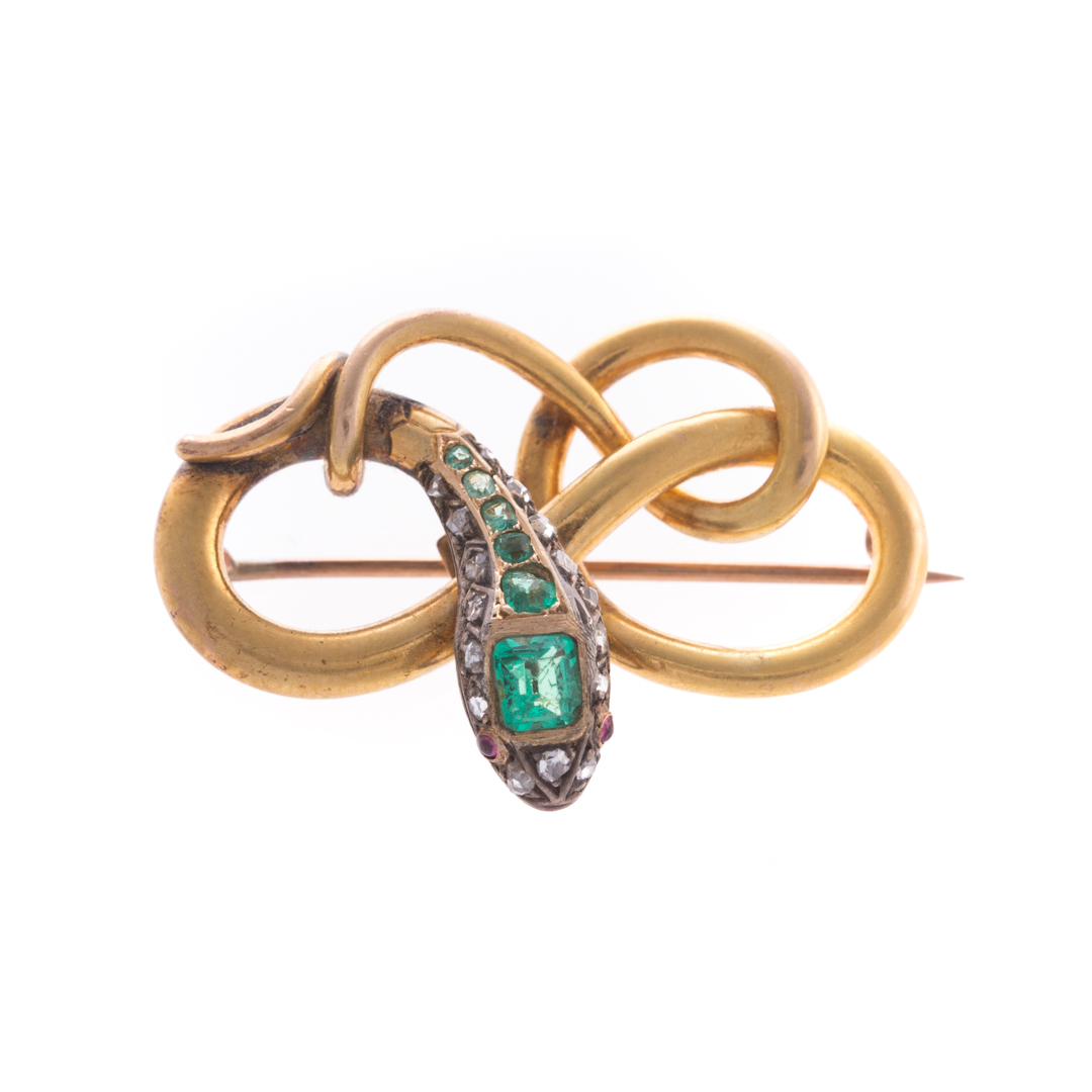 Appraisal: An Impressive Emerald and Diamond Snake Brooch Victorian K yellow