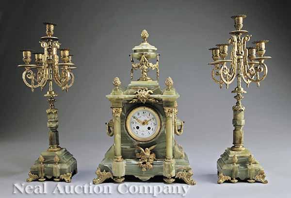 Appraisal: An Antique French Three-Piece Onyx and Bronze-Mounted Clock Garniture c