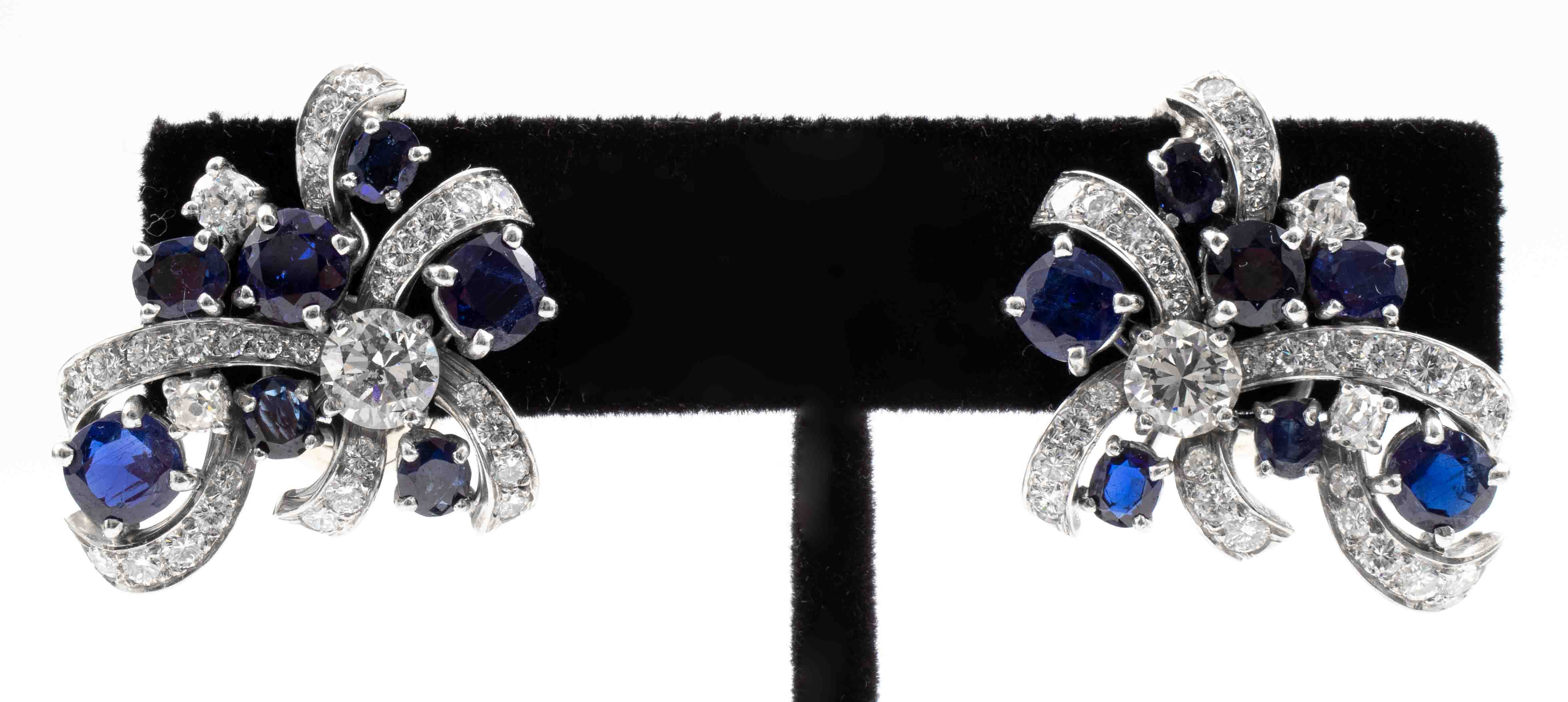 Appraisal: RETRO PLATINUM DIAMOND SAPPHIRE CLUSTER EARRINGS Vintage retro platinum diamond