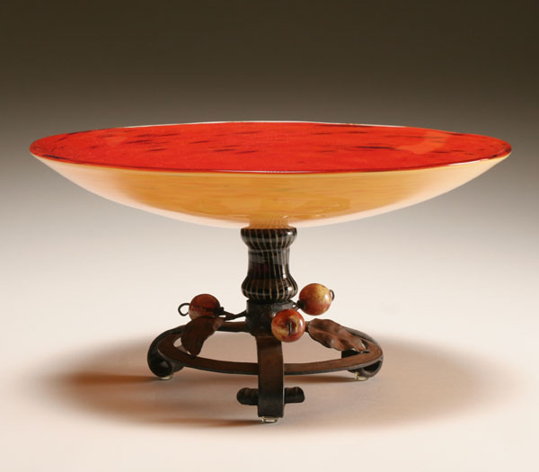 Appraisal: Schneider French art glass tazza on wrought iron foot Reddish-orange