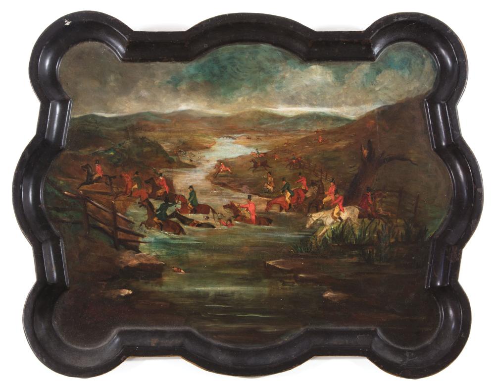 Appraisal: English Tole Peinte Tray th c depicting a fox hunt