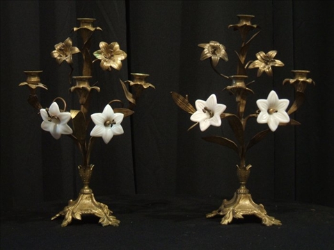 Appraisal: PAIR OF GILT METAL AND GLASS FLOWER CANDELABRA h in