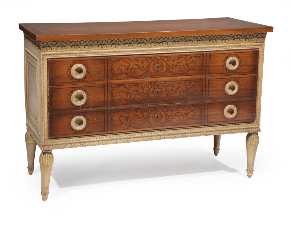 Appraisal: Neoclassical-Style Seaweed Marquetry and Painted Mahogany Chest of Drawers foliate