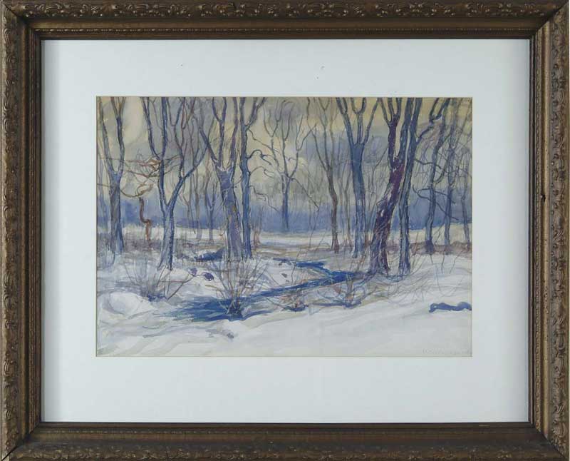 Appraisal: ROBERT C WOODBERRY American - WINTER LANDSCAPE Watercolor winter scene