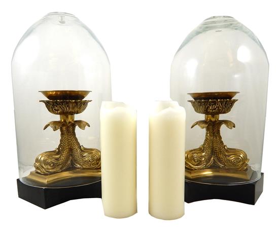 Appraisal: Pair Classical Revival candle holders with tall domed hurricane shades