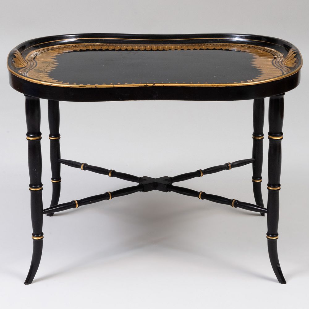 Appraisal: Victorian Black and Gilt Decorated T le Tray on Later