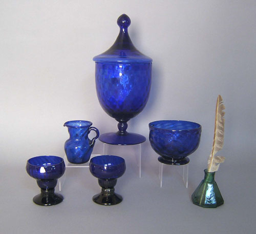 Appraisal: Two cobalt glass salts together with a bowl inkwell creamer