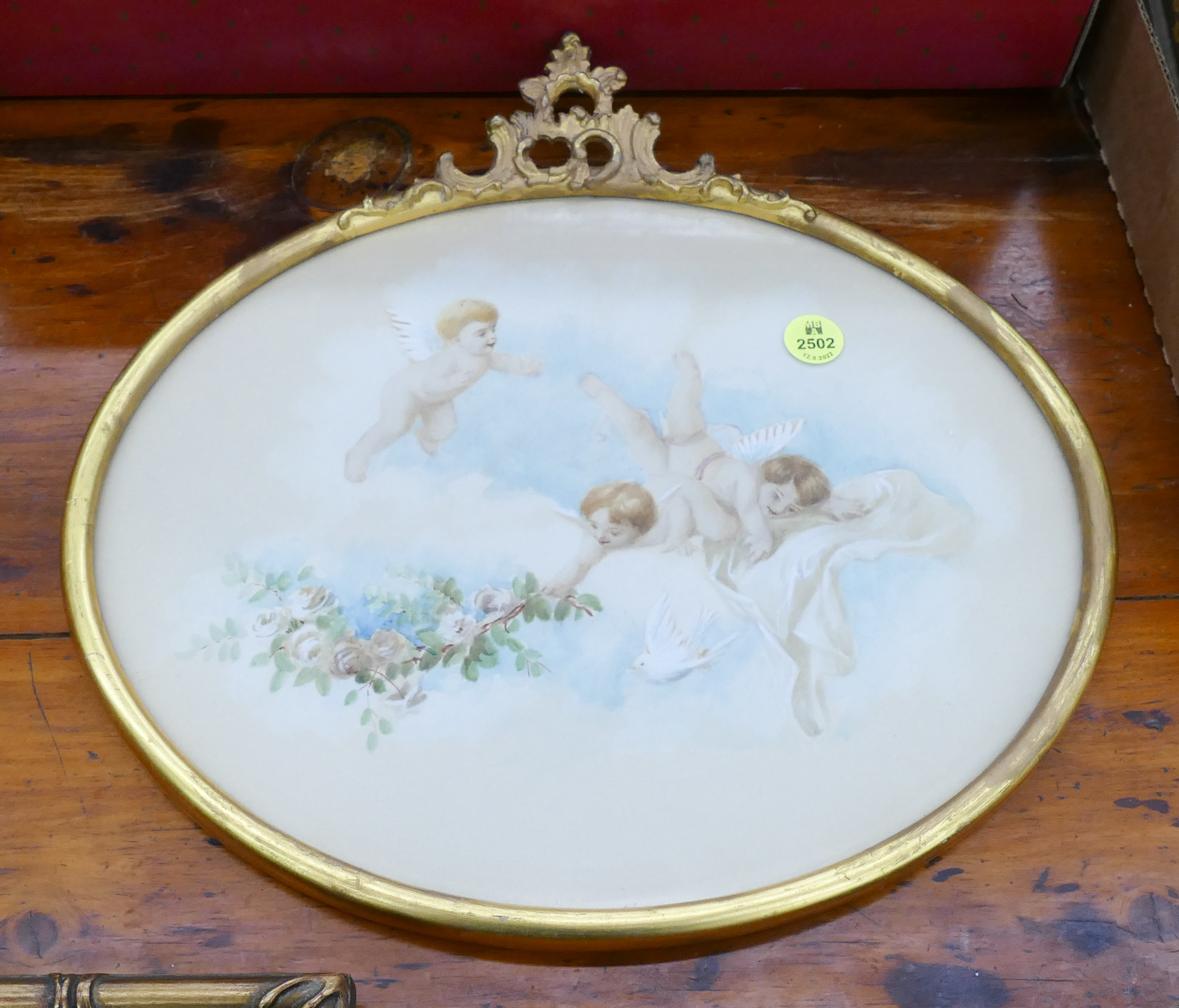 Appraisal: Antique Cherubs Oval Watercolor Painting Framed- x ''