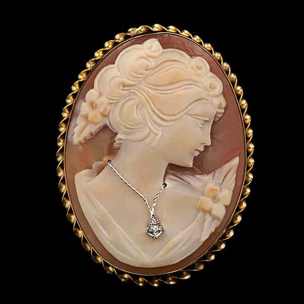 Appraisal: Antique Cameo Brooch Pendant with Diamond Accent A K yellow