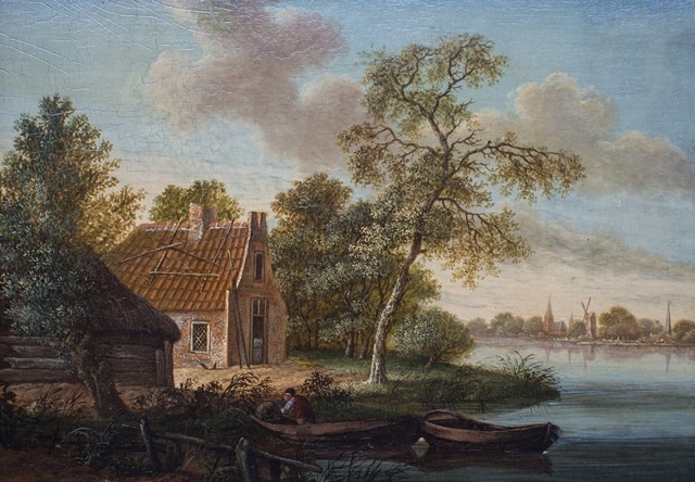 Appraisal: Follower of Saloman van Ruisdael A riverside cottage oil on