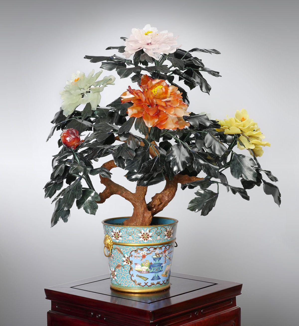 Appraisal: LARGE HARD STONE FLORAL BOUQUET IN CLOISONNE Faux tree trunk