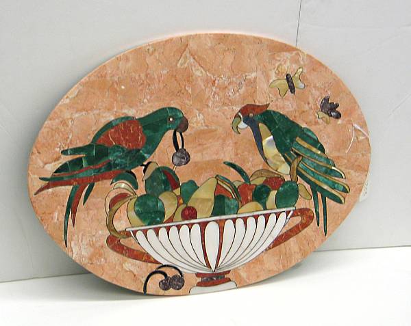 Appraisal: A stone and mother-of-pearl pietra dure veneered oval plaque modern