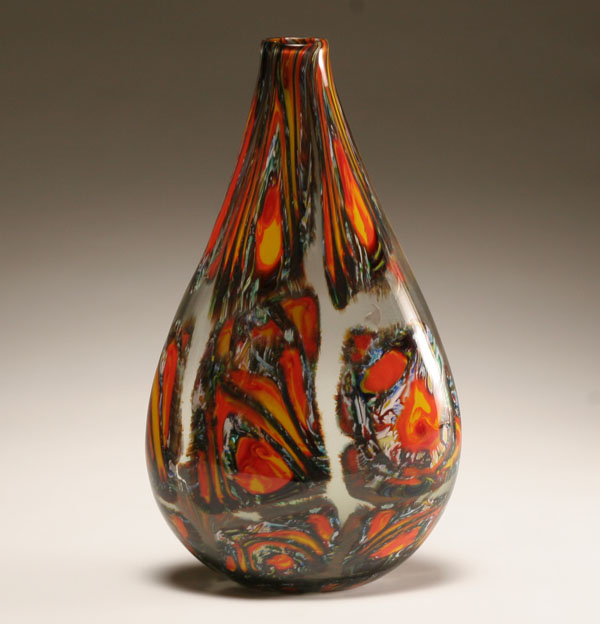 Appraisal: Contemporary flattened pear shaped studio glass vase Orange yellow blue