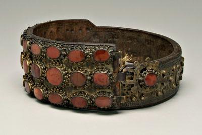 Appraisal: Carnelian-decorated leather belt double-thickness leather belt panels with three rows