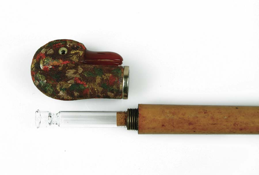 Appraisal: FLASK CANE A th C made gadgetcane with polychrome duck