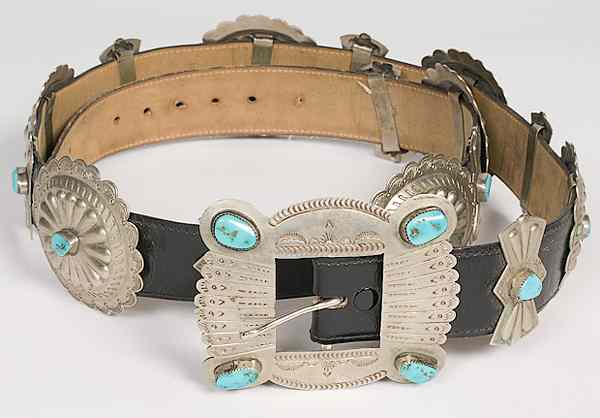 Appraisal: Navajo Concha Belt with Turquoise handmade from unknown white metal