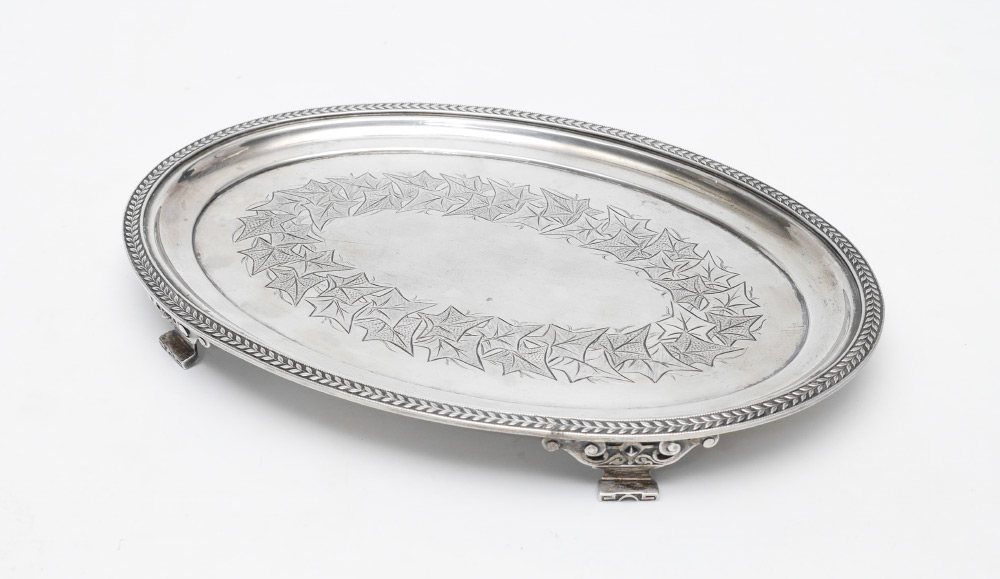 Appraisal: BIGELOW KENNARD STERLING FOOTED TRAY Foliate embossed rim engraved leaf