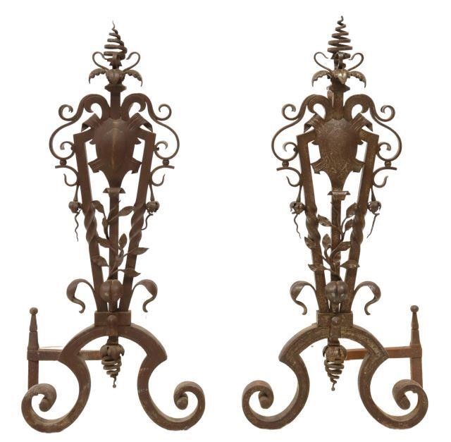 Appraisal: pair French wrought iron andirons having swirled finials over scrolling