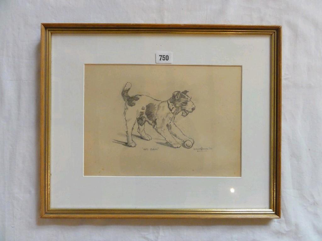 Appraisal: A pencil study of a Terrier playing with a ball